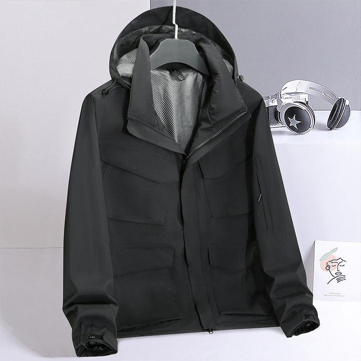Men Water-Repellent Field Utility Jacket with Hood and Multiple Pockets Mune Fashion
