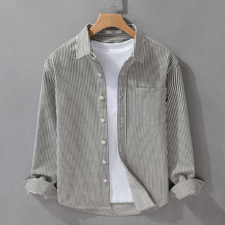 Men's lightweight pinstripe shirt in layering overshirt style with a Kent collar and patched chest pocket Mune Fashion