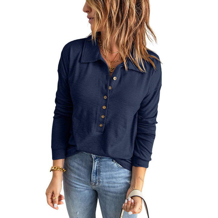 Women's Long Sleeve Waffle Shirt with Shirt Collar and Button Placket Drune