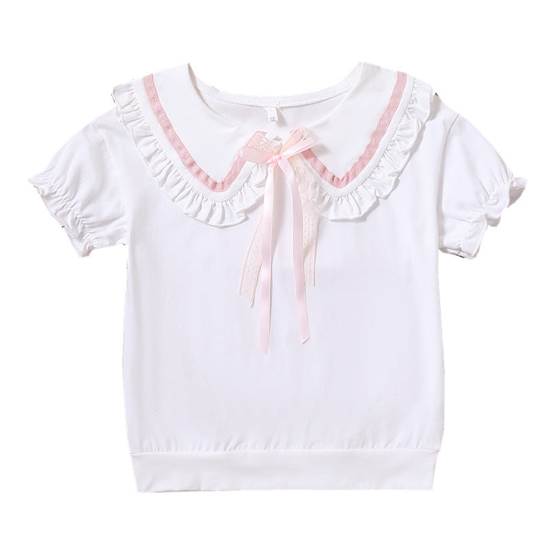 Girls T-shirt with ruffled collar and bow accents Mune Fashion