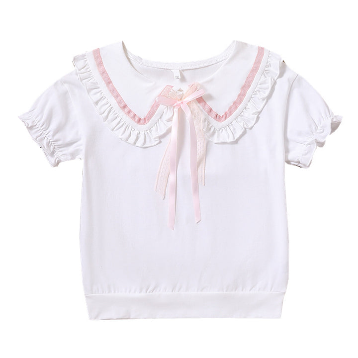 Girls T-shirt with ruffled collar and bow accents Mune Fashion