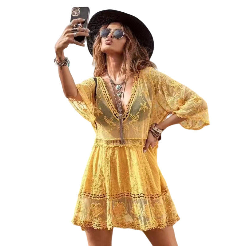 Women's airy beach cover-up with elaborate embroidery Mune Fashion
