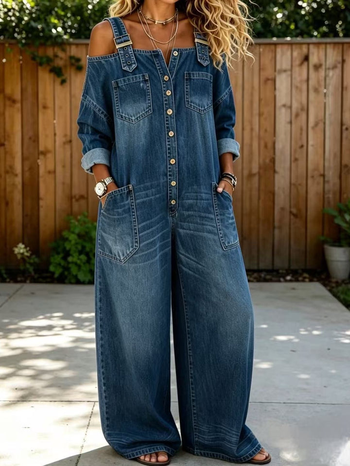 Women's Stylish Denim Overall with Off-Shoulder Design