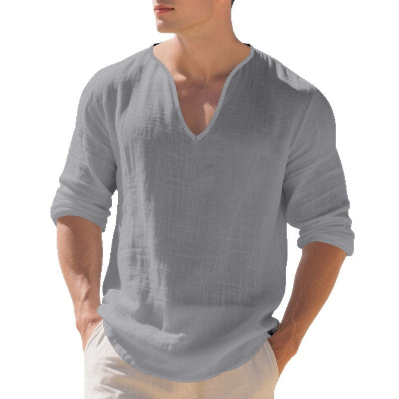 Men's lightweight linen V-neck shirt with a loose fit and roll-up sleeves Mune Fashion