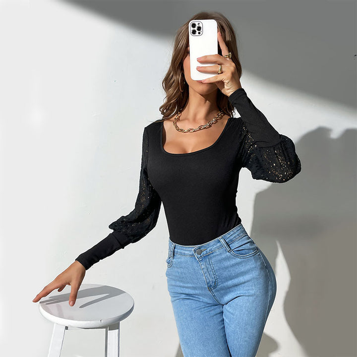 Ladies long-sleeved bodysuit with lace sleeves and square neckline Mune Fashion