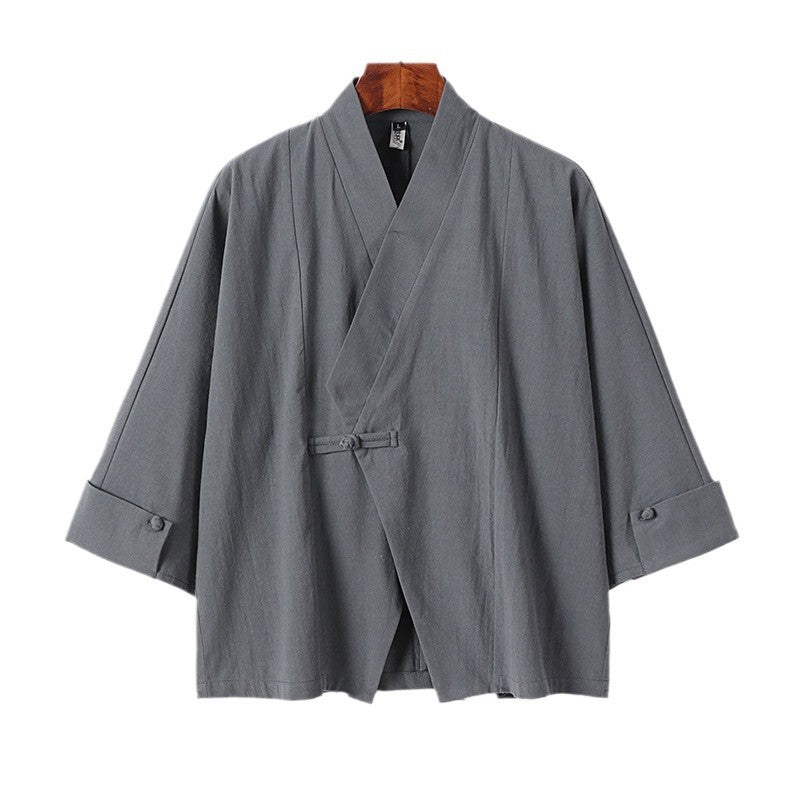 Men's Linen Kimono Jacket with Traditional Knot Closure and Medium-Length Sleeves Mune Fashion