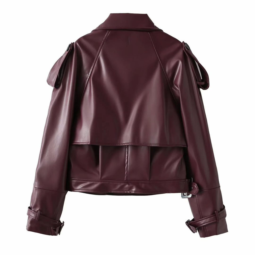 Women's cropped faux leather trench blouson with shawl collar, belt and adjustable cuff straps Mune Fashion