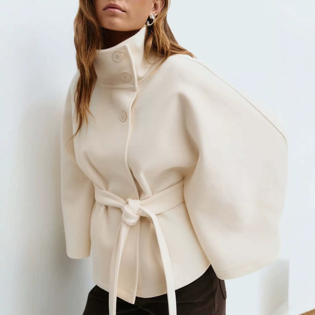 Women's Short Cape Coat with Stand-Up Collar, Oversized Sleeves and Tie Belt Mune Fashion
