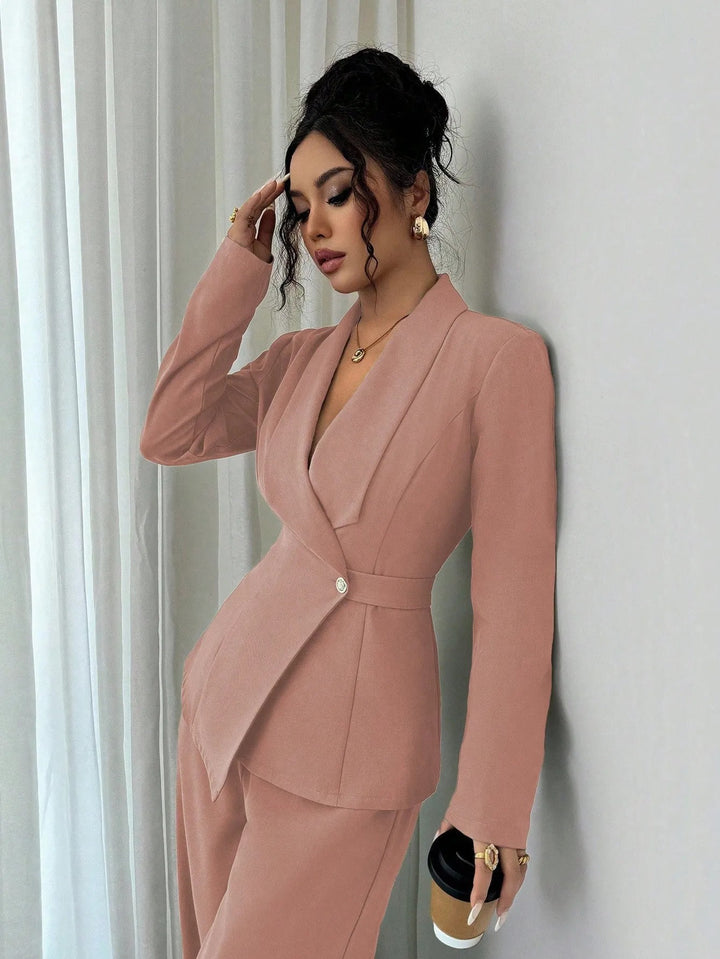 Women's tailored business blazer with shawl collar, belt waist and single-button closure Mune Fashion