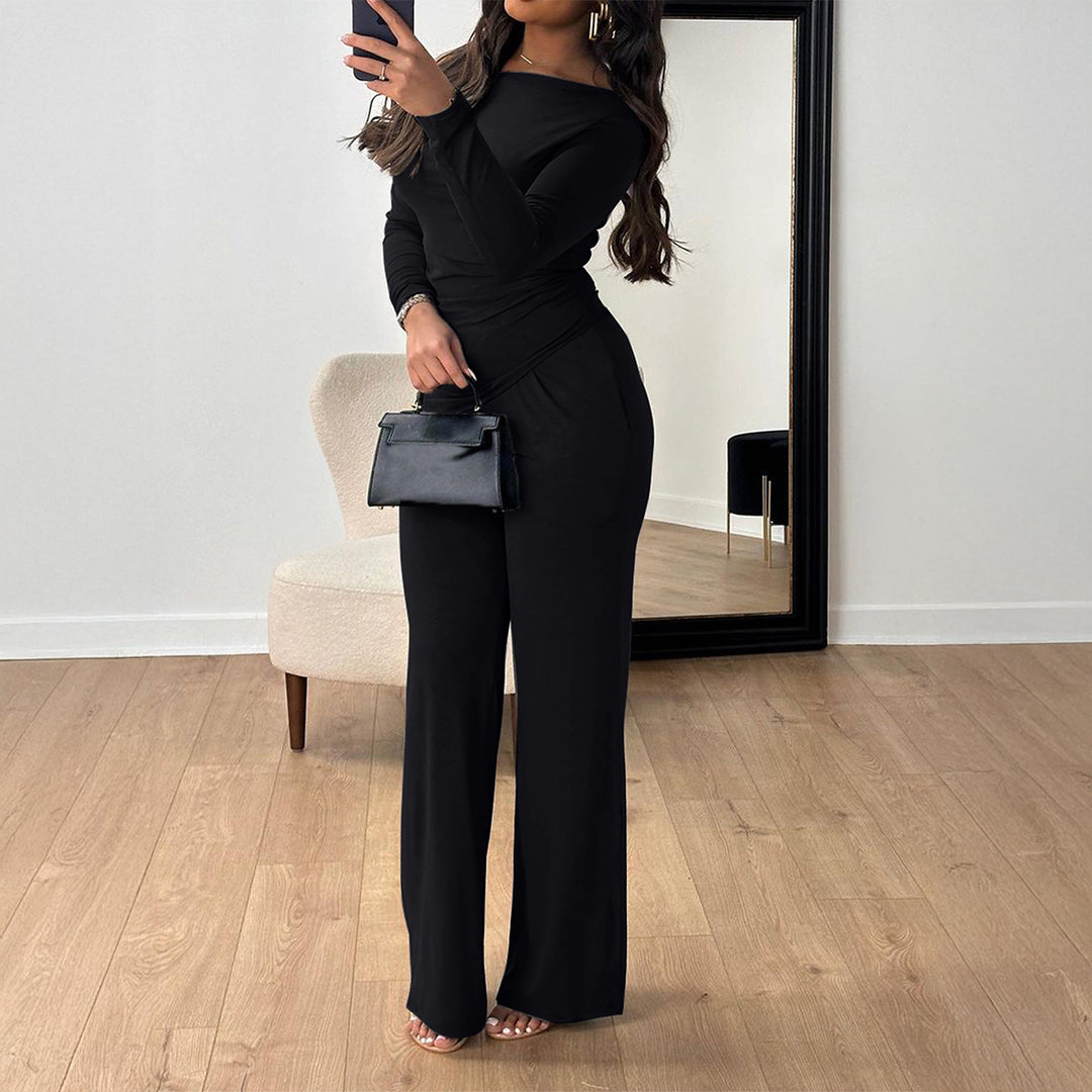 Women's two-piece jersey set with asymmetric wrap look, long-sleeve top, and wide high-waist pants Mune Fashion