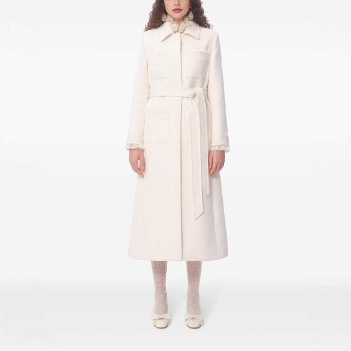 Women's longer tailored wool coat with tie belt and lace trim Mune Fashion