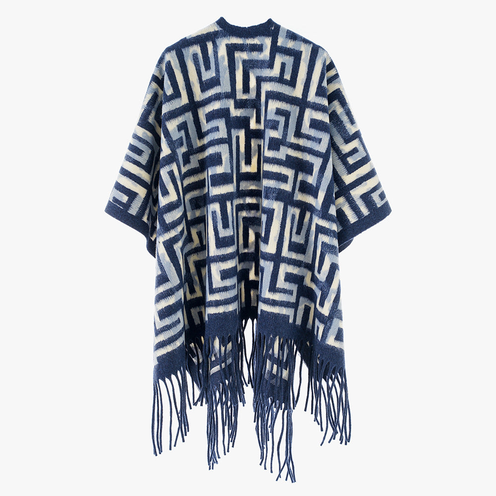 Women's Geometric Jacquard Cape Poncho with Fringes and Open Fall Mune Fashion