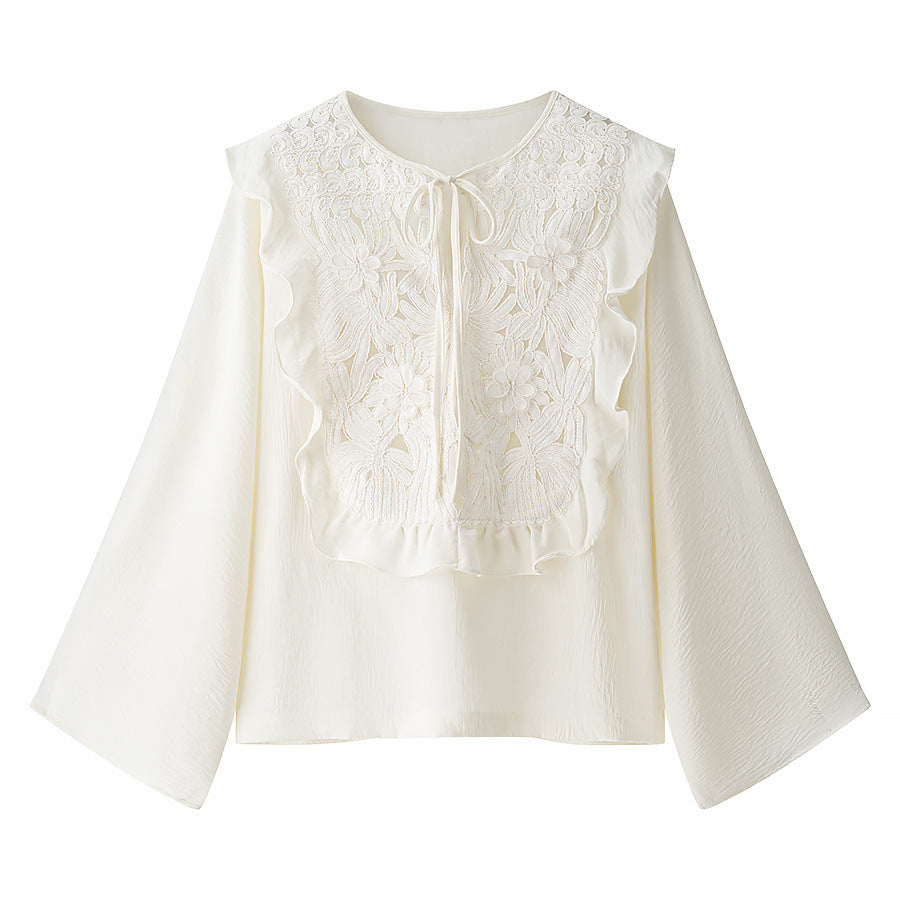 Ladies Embroidered Ruffle Blouse with Wide Trumpet Sleeves and Ties Collar Mune Fashion
