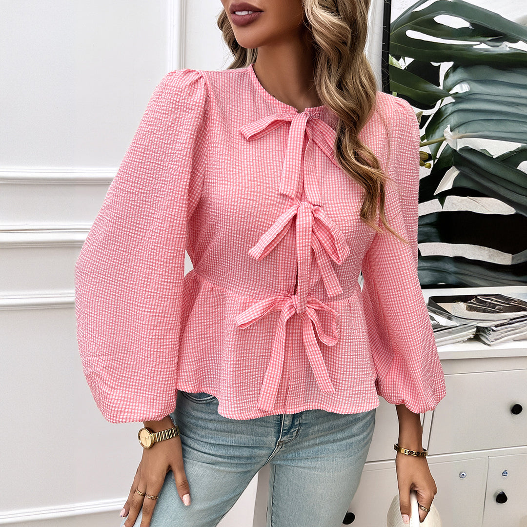 Ladies gathered Vichy blouse with decorative bow closures and balloon sleeves Mune Fashion