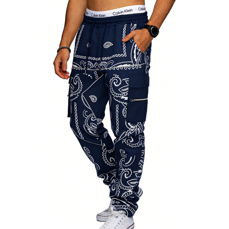 Men's Cargo Jogging Pants with Paisley Pattern, Elastic Waistband, Multiple Zipper and Flap Pockets Mune Fashion