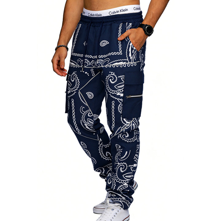 Men's Cargo Jogging Pants with Paisley Pattern, Elastic Waistband, Multiple Zipper and Flap Pockets Mune Fashion