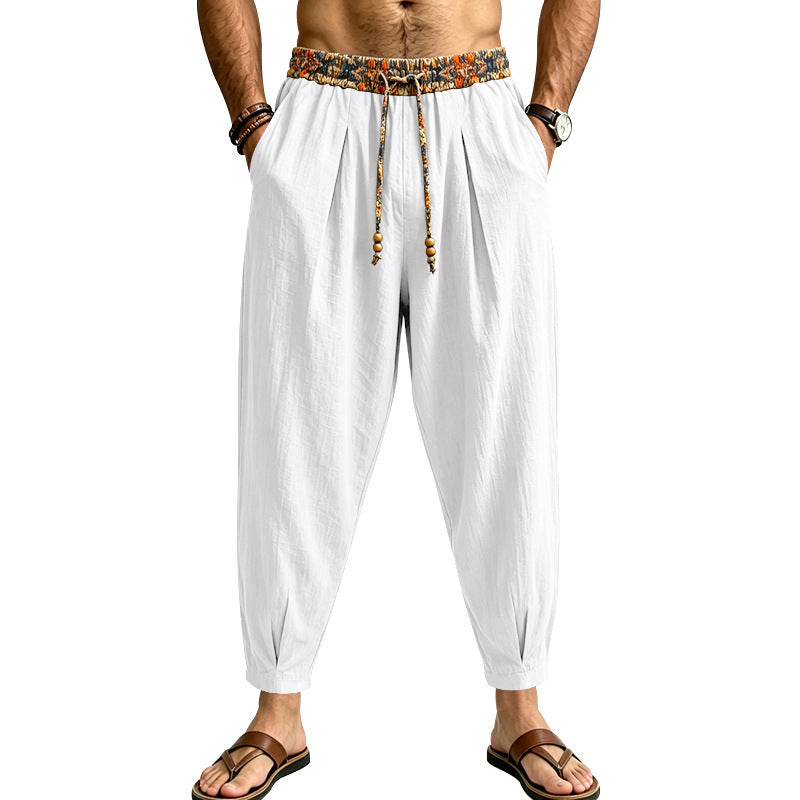 Men's loosely cut harem pants made of linen mix with patterned drawstring Mune Fashion