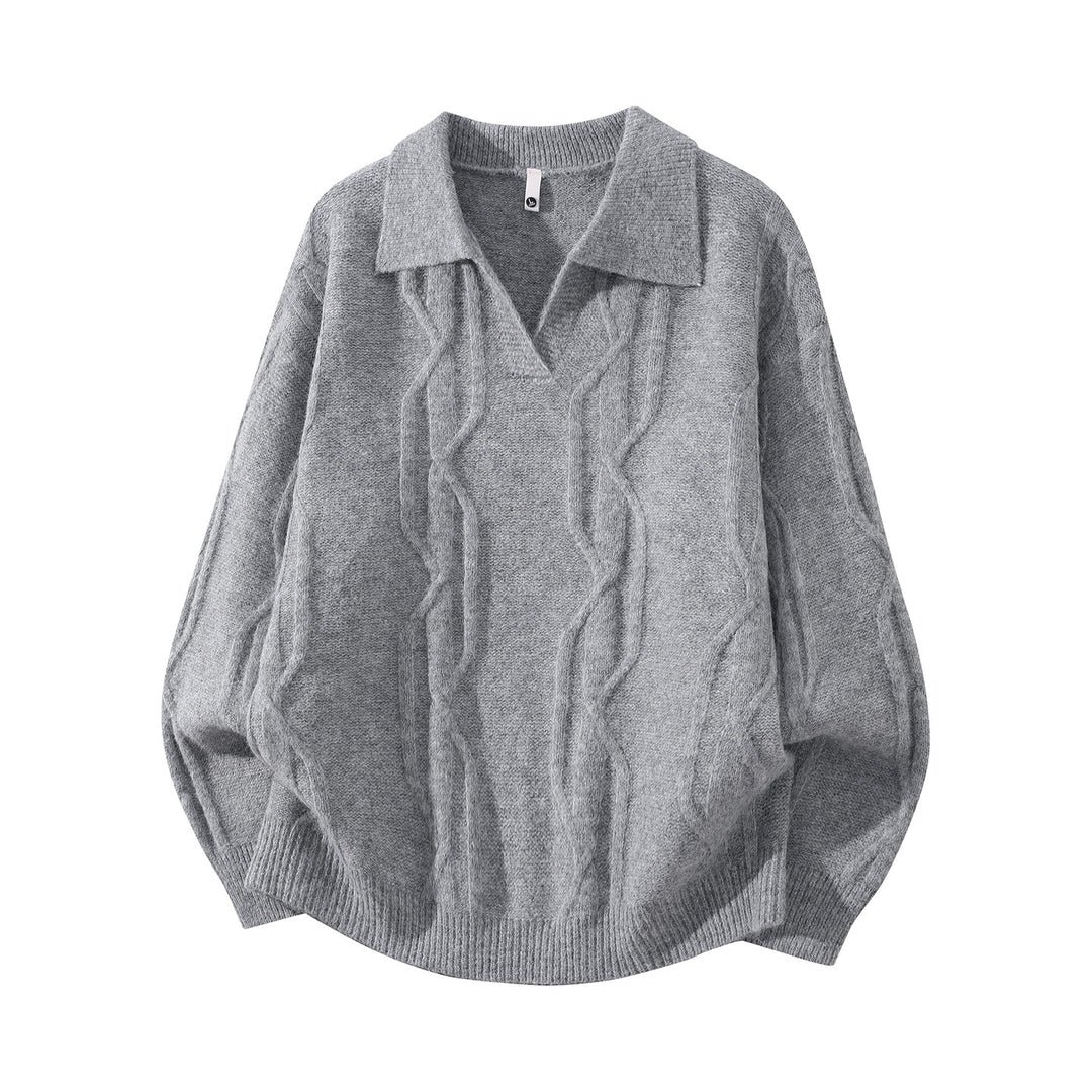 Women Oversize Mohair-Optic Cable Knit Sweater with Polo Collar and V-Neck Mune Fashion