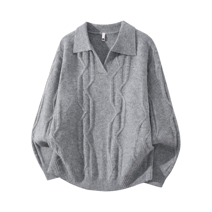 Women Oversize Mohair-Optic Cable Knit Sweater with Polo Collar and V-Neck Mune Fashion