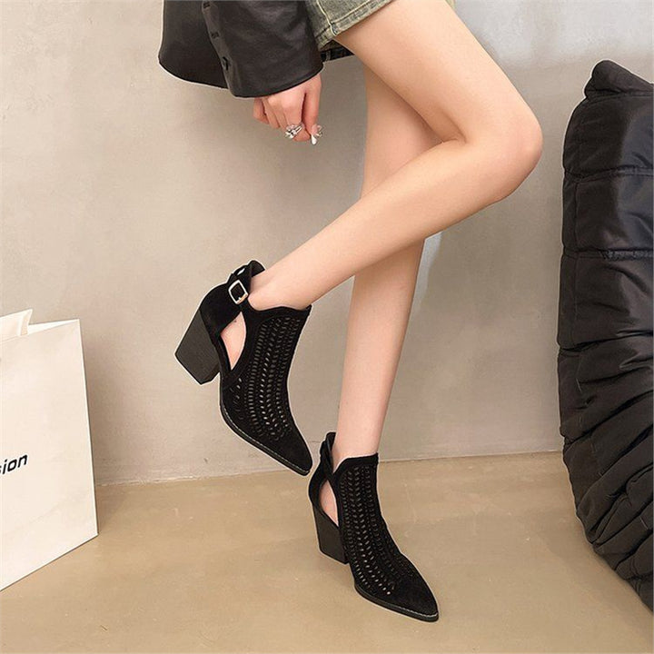 Women’s suede ankle boots with laser perforation, pointed toe shape and adjustable heel strap Mune Fashion