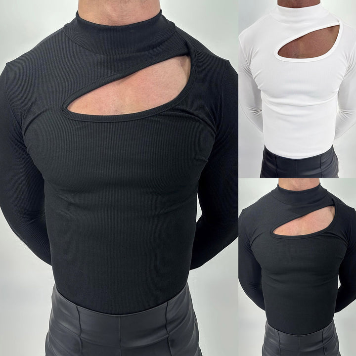 Women's fitted long sleeve top made of fine rib jersey with asymmetrical shoulder neckline and high collar Mune Fashion
