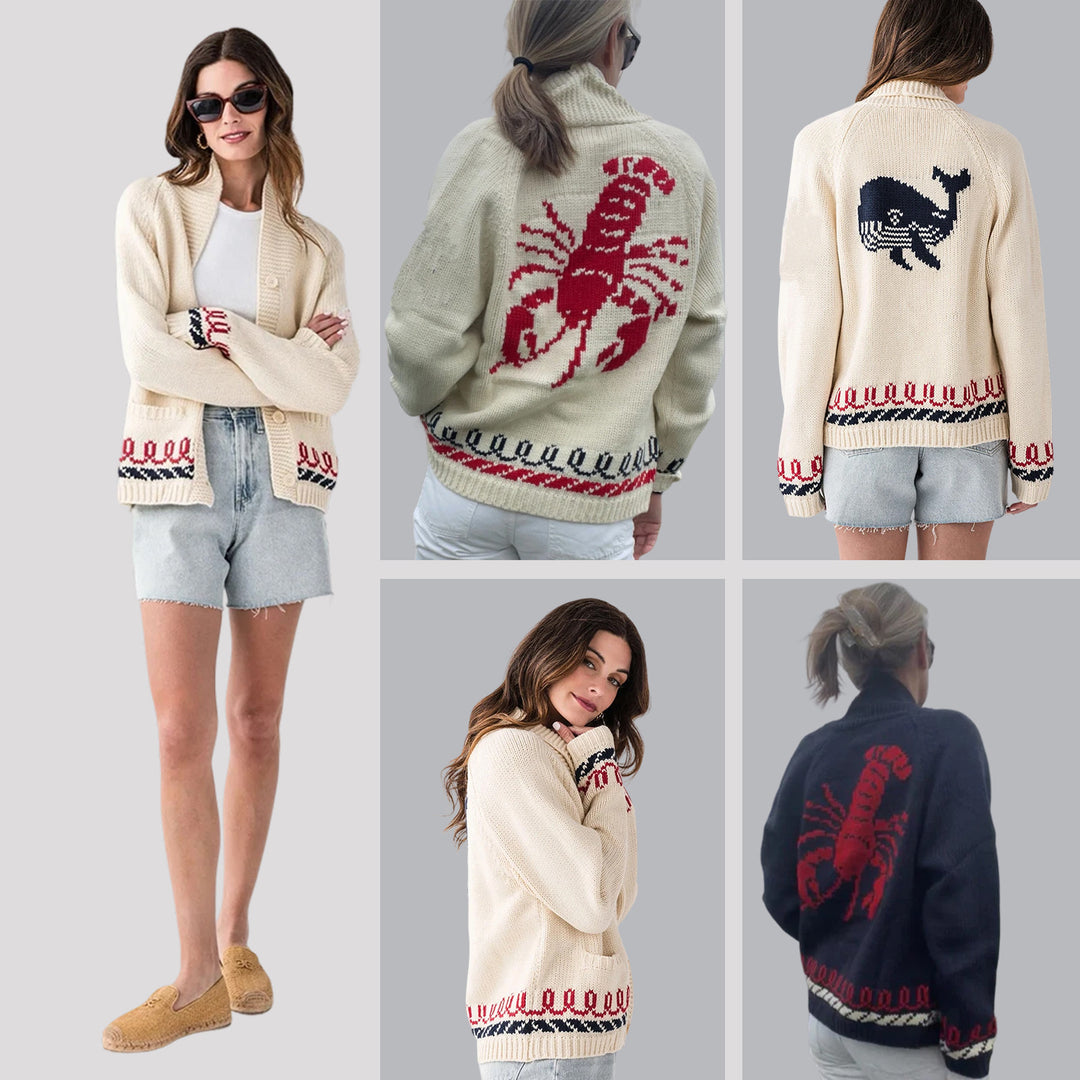 Women's Oversize Knitted Cardigan with Whale Motif and Nautical Contrast Border Mune Fashion