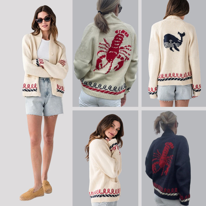 Women's Oversize Knitted Cardigan with Whale Motif and Nautical Contrast Border Mune Fashion
