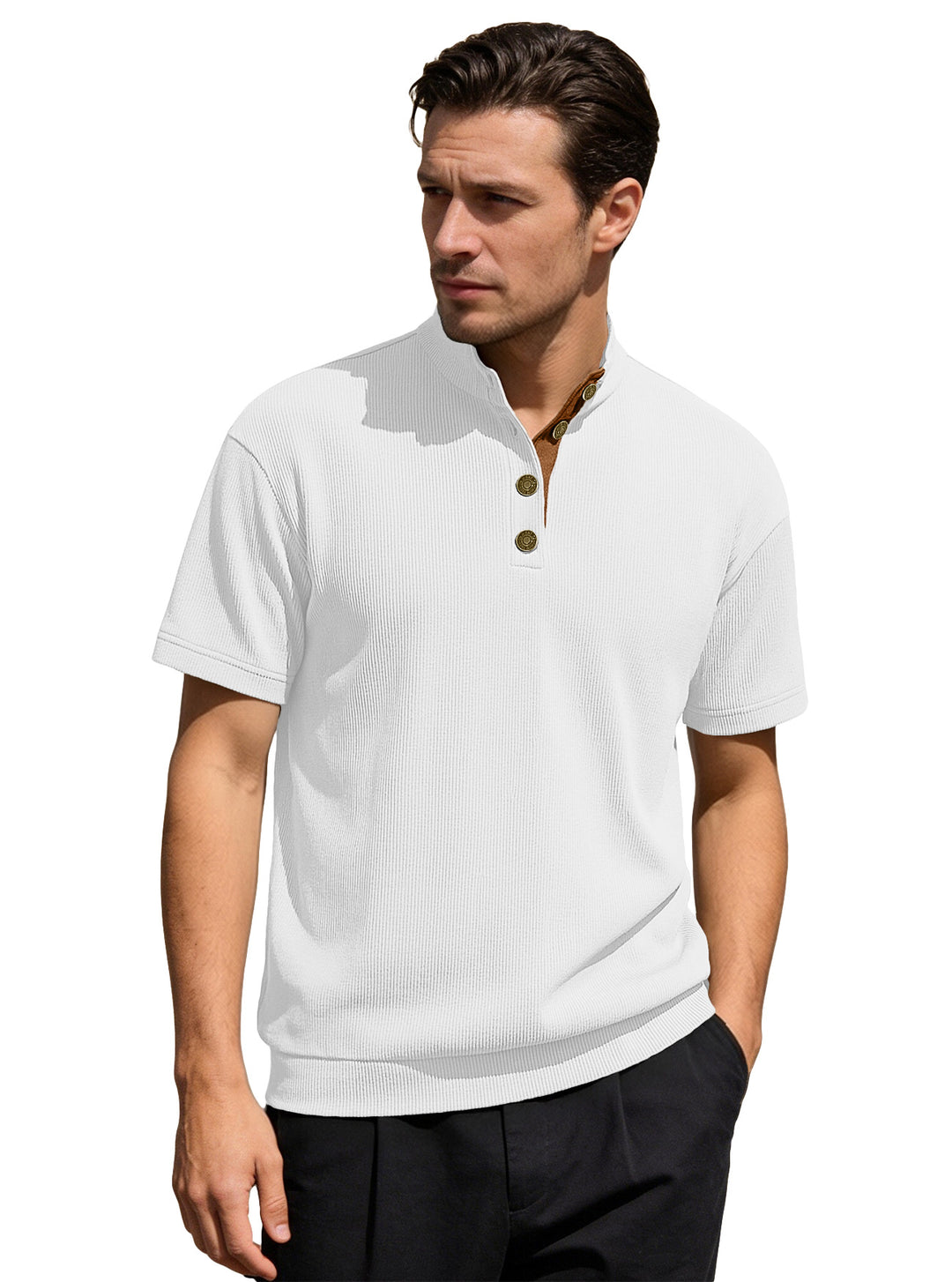Men's Waffle Structure Short Sleeve Henley with Stand-Up Collar and Decorative Button Placket Mune Fashion