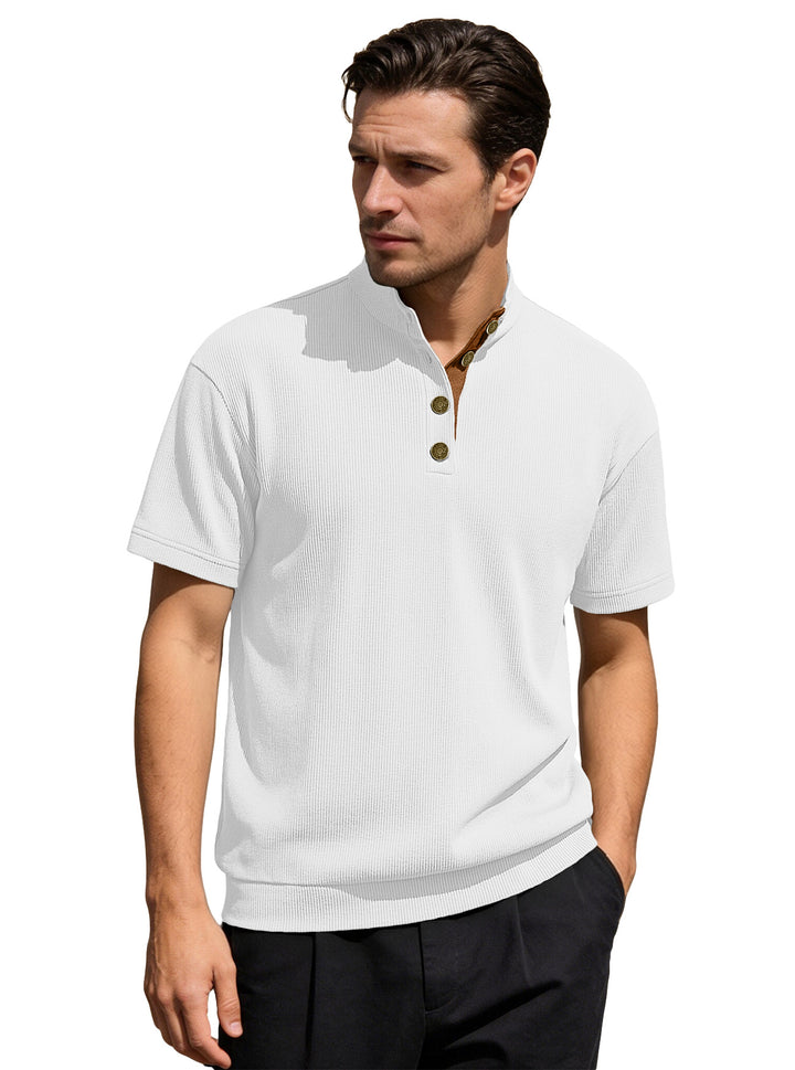 Men's Waffle Structure Short Sleeve Henley with Stand-Up Collar and Decorative Button Placket Mune Fashion