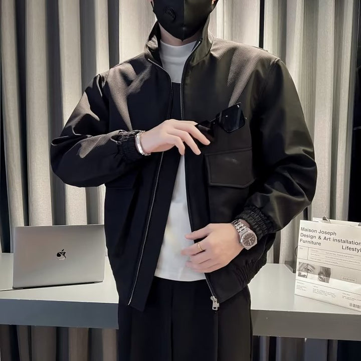 Men's Lightweight Tech Bomber Jacket with Stand-Up Collar, Large Flap Chest Pocket and Elastic Hem Mune Fashion