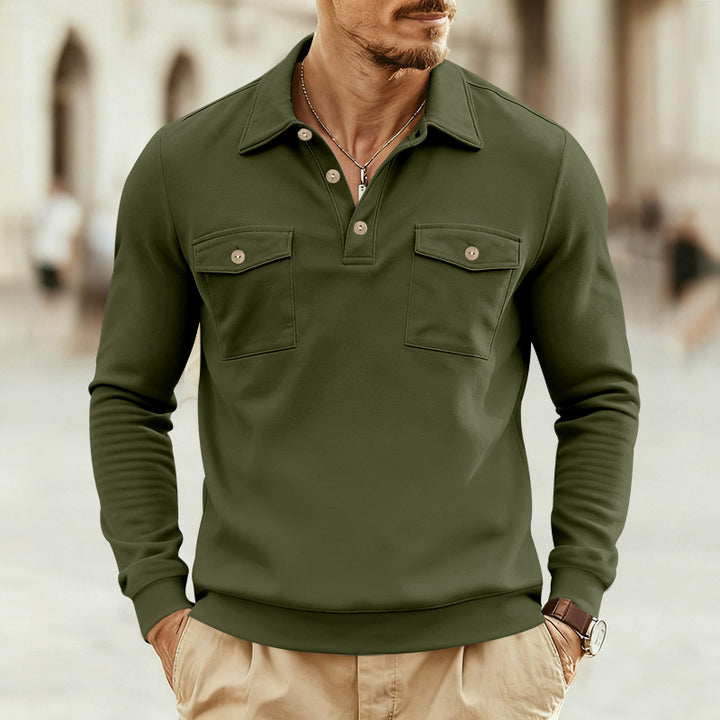 Men's fitted long sleeve polo shirt with shirt collar and applied breast pockets Mune Fashion