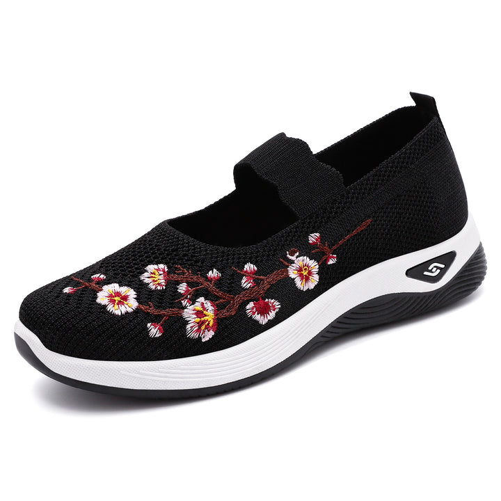 Women nan embroidered knitted slip-on sneakers with Mary Jane straps and shock-absorbing EVA sole Mune Fashion