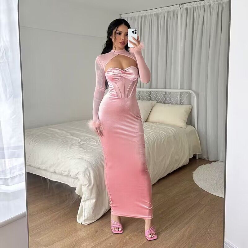 Women's fitted velvet maxi dress with corset bustier and transparent mesh top Mune Fashion