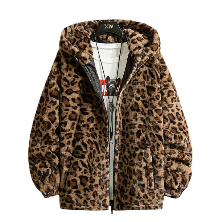 Women Cuddly Fleece Jacket with Leopard Pattern and Hood Mune