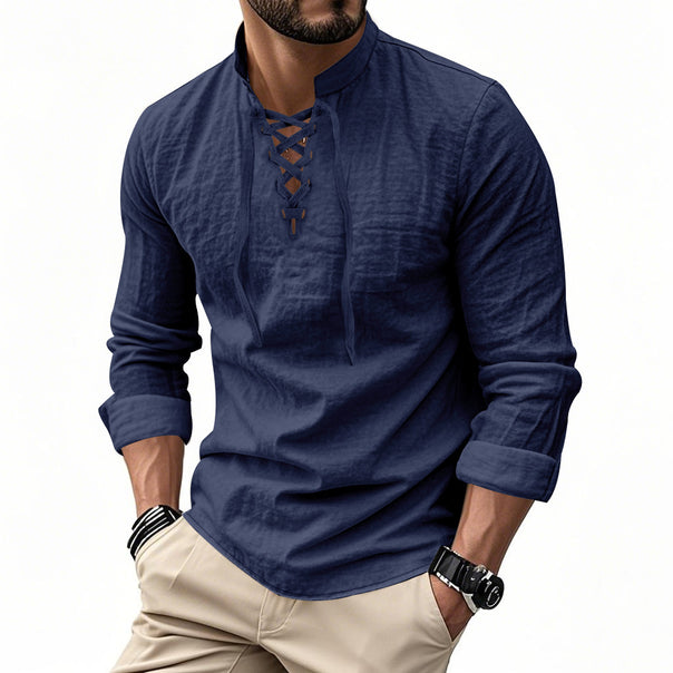 Men's casual sailor-style shirt with stand collar and lace-up front Mune Fashion