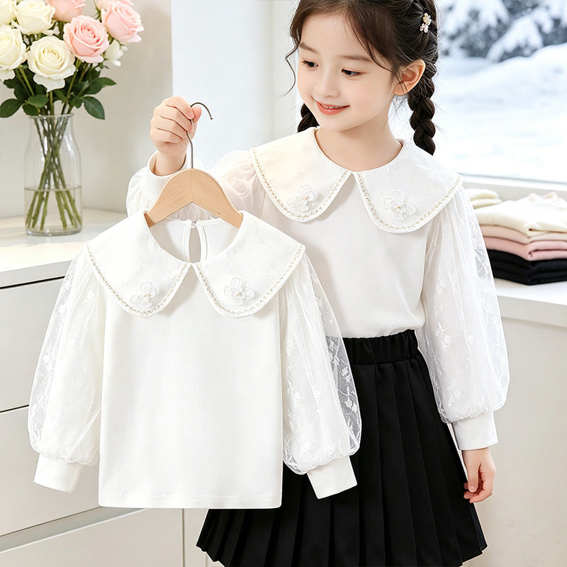 Girl's blouse with elegant tulle collar and floral appliqués Mune Fashion