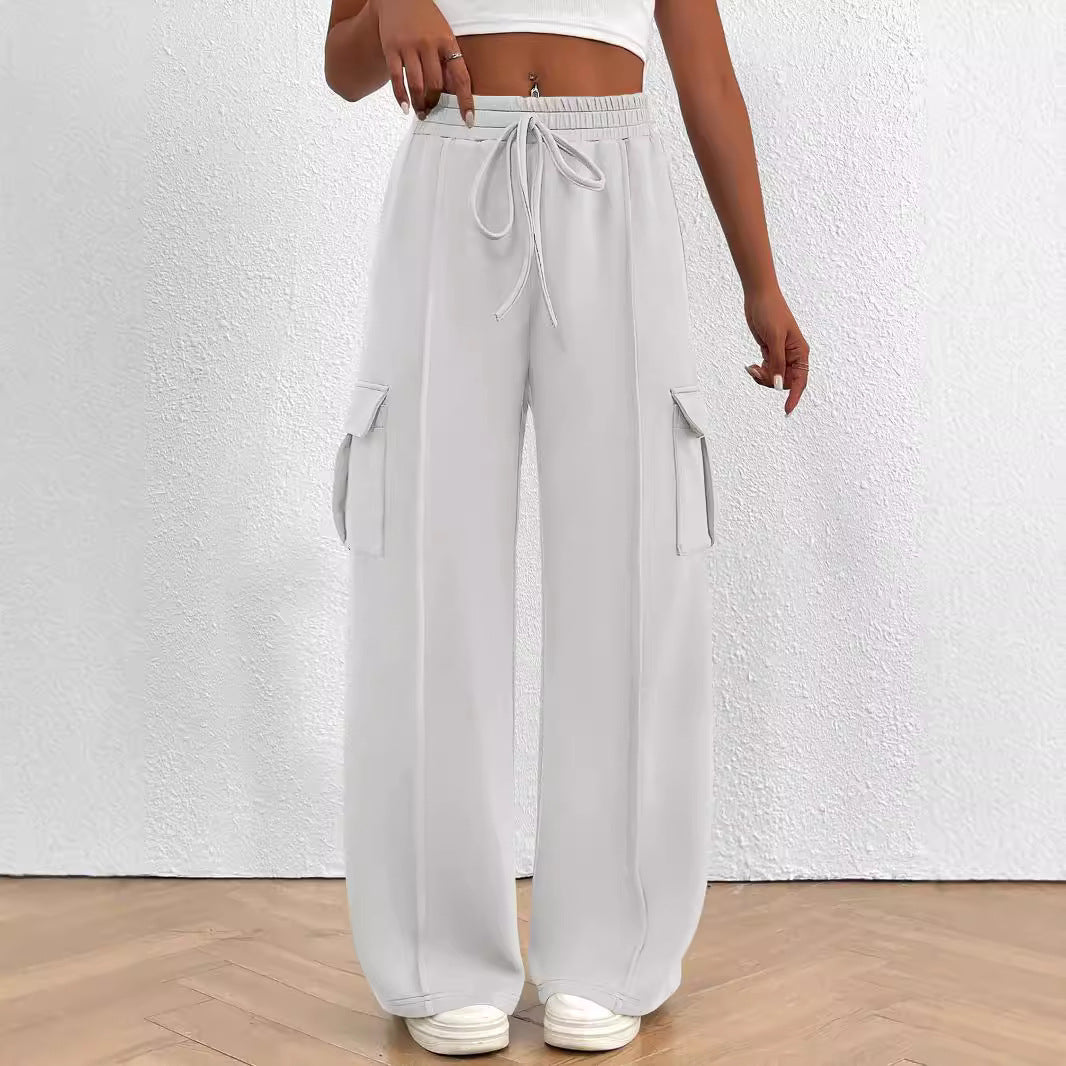 Women Wide Cargo Lounge Pants with Drawstring Waist and Flap Pockets Mune Fashion