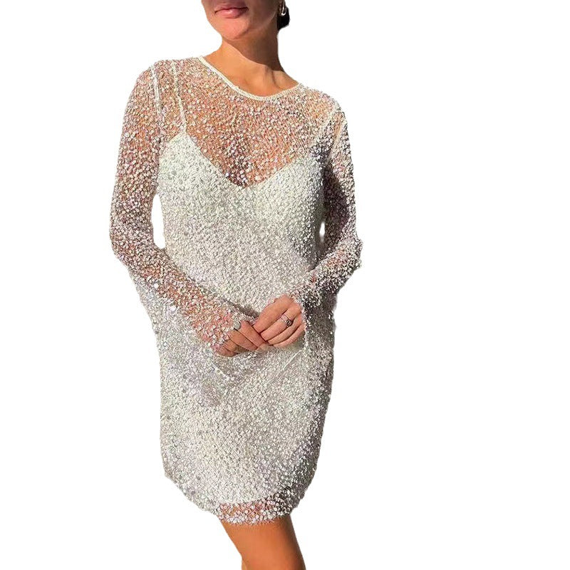 Ladies Glittering Cocktail Dress with Shimmering Sequins and Long Sleeves Mune