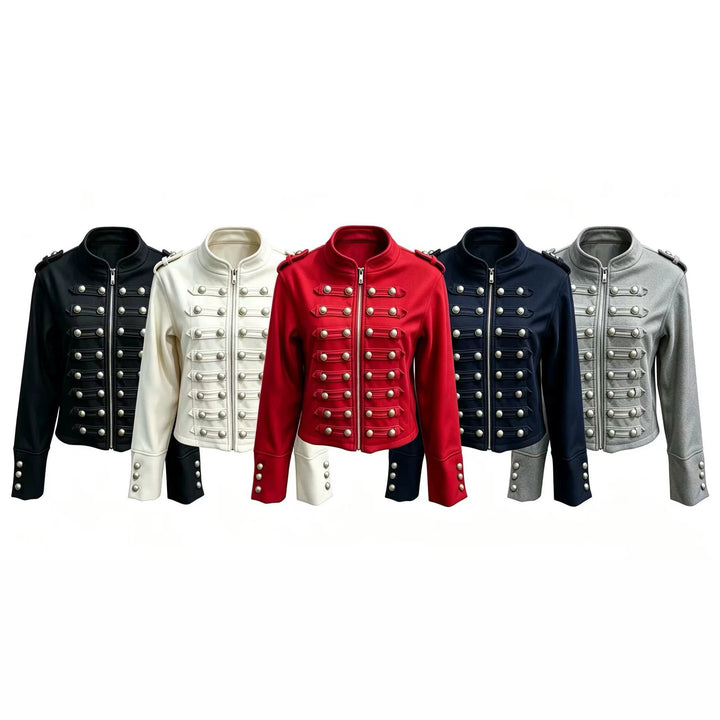 Ladies short jacket in military style with stand-up collar, decorative button placket and shoulder epaulettes Mune Fashion