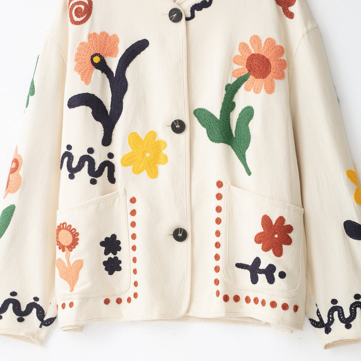 Women's Embroidered Oversized Cotton Jacket with Floral Decor and Button Placket Mune Fashion