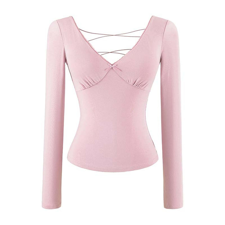 Women's Figure-Hugging Long Sleeve Top with Deep V-Neck, Crossed Spaghetti Straps and Lace Edge