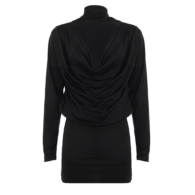 Women's figure-hugging long sleeve mini dress with wrap V-neck, attached bow and tailored gathering Mune Fashion
