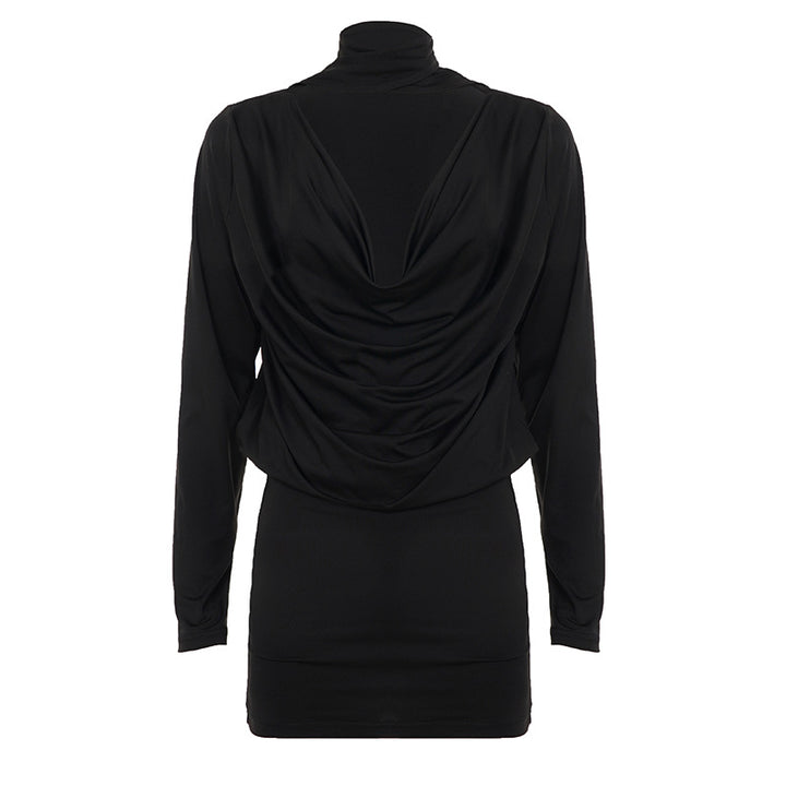Women's figure-hugging long sleeve mini dress with wrap V-neck, attached bow and tailored gathering Mune Fashion
