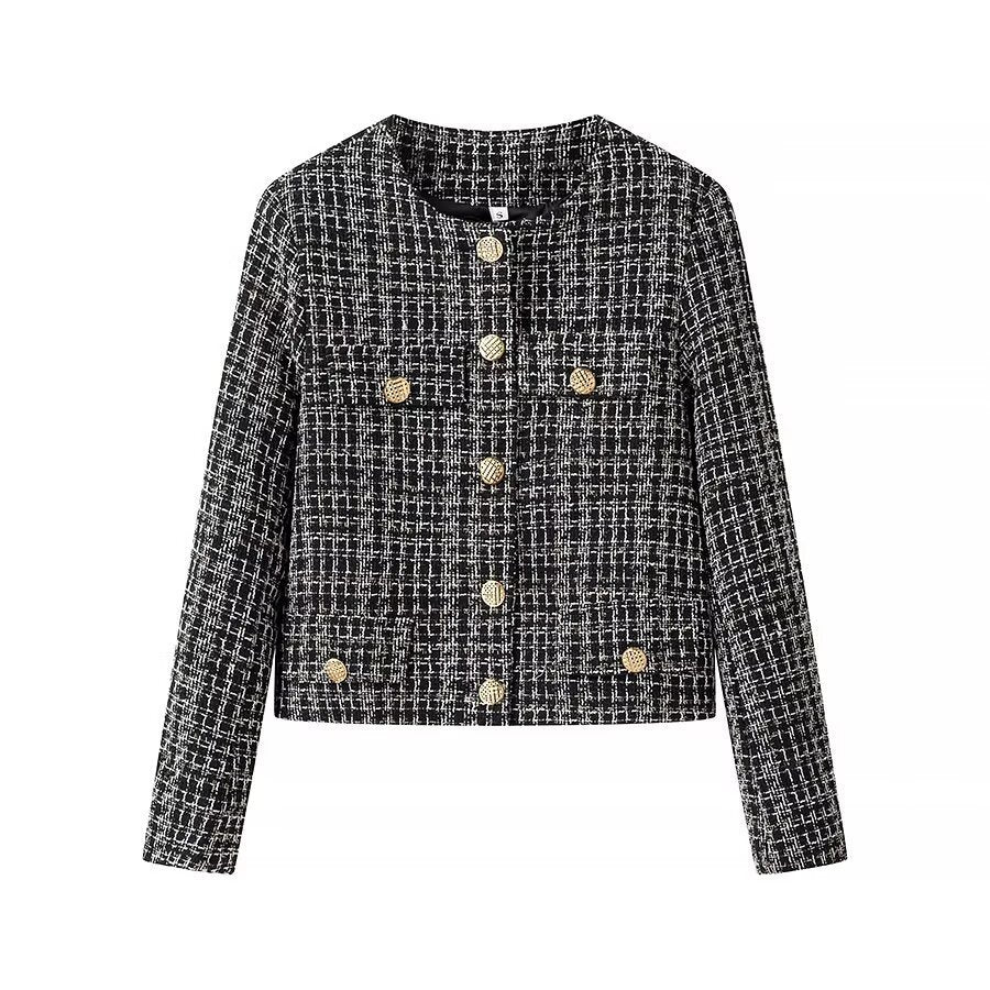 Women Short Boucle Tweed Jacket with Round Neck, Decorative Decorative Buttons and Patch Pockets Mune Fashion