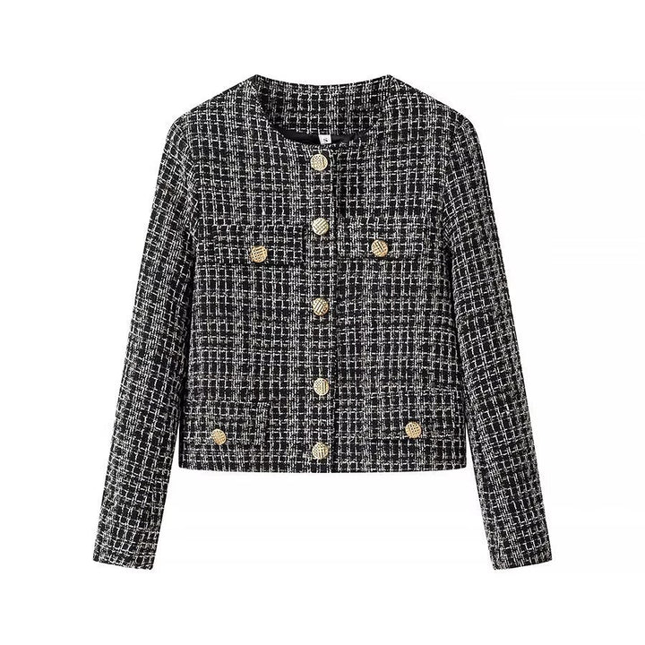 Women Short Boucle Tweed Jacket with Round Neck, Decorative Decorative Buttons and Patch Pockets Mune Fashion