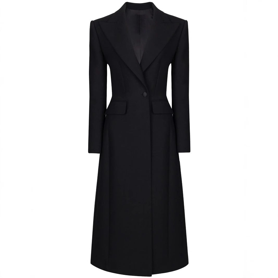 Women's Tailored Longline Coat with Sharp Lapels and Vent Mune Fashion