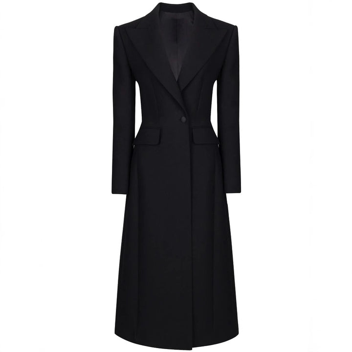 Women's Tailored Longline Coat with Sharp Lapels and Vent Mune Fashion