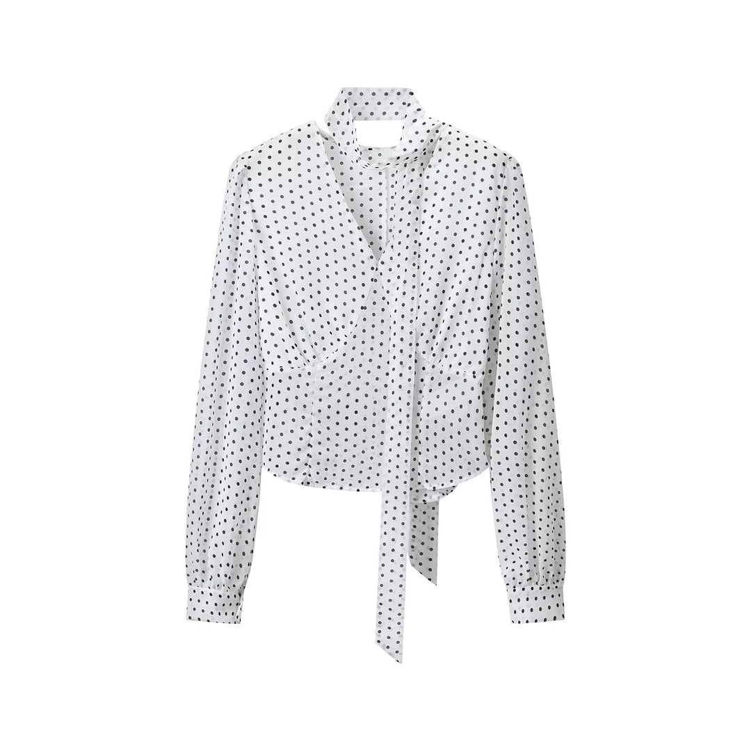 Women's wrap blouse with tie scarf, V-neck and polka dot design Mune Fashion