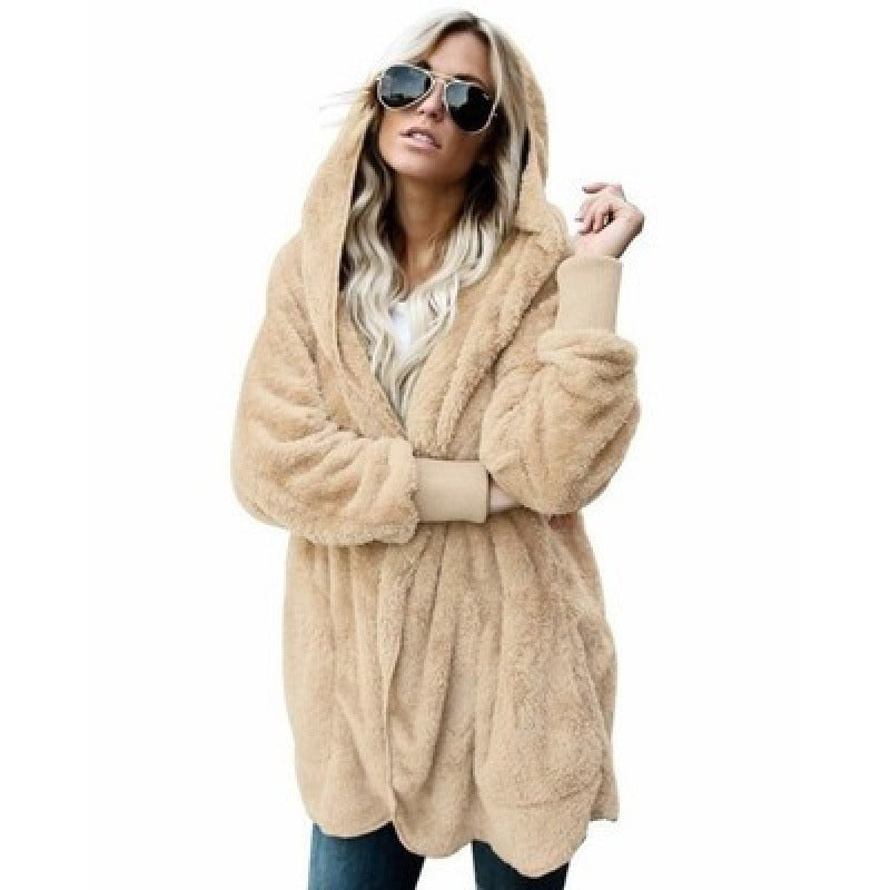 Women's Oversize Teddy Fleece Coat with Open Front, Side Pockets, and Ribbed Cuffs Mune Fashion