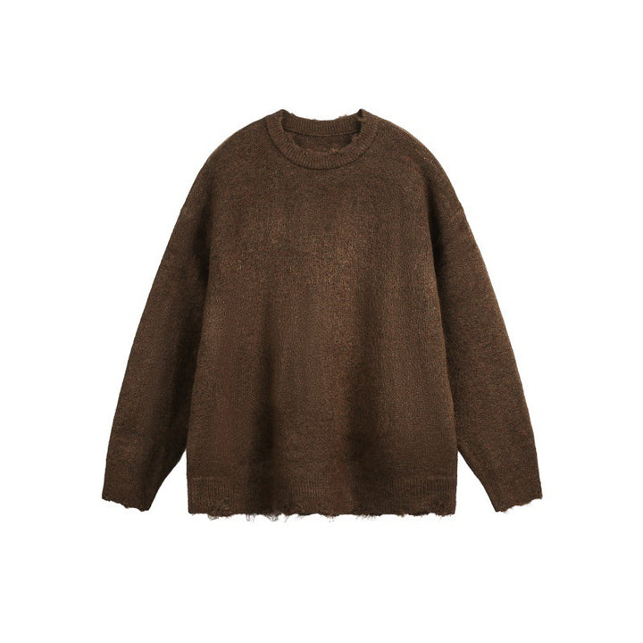 Unisex Oversized Chunky Knit Sweater with Round Neckline and Frayed Hem Mune Fashion